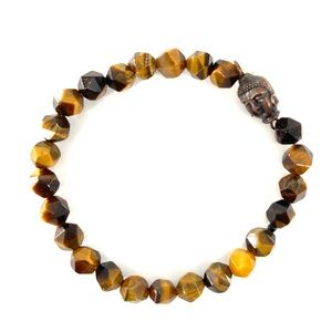Genuine Tiger’s Eye Stone Beaded Bracelet with Copper Buddha Charm